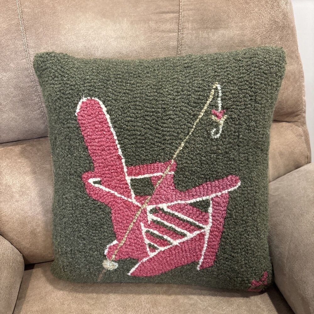 Chandler 4 Corners Hooked Wool Pillow Fishing Pole 2006 Laura Megroz 18" X 18"